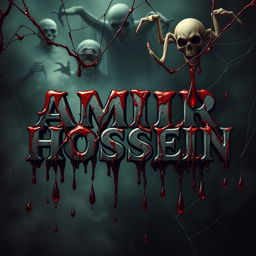 The name 'AMIR HOSSEIN' clearly displayed in a horrifying design, surrounded by dark, dripping blood that amplifies the sense of terror