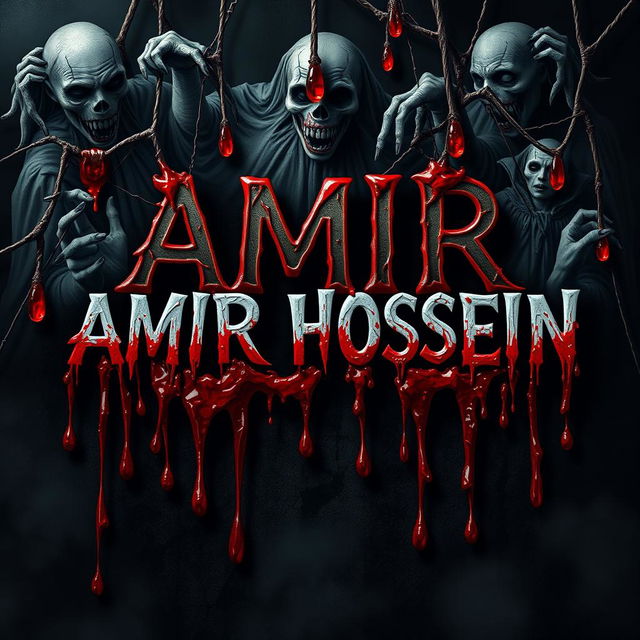 The name 'AMIR HOSSEIN' clearly displayed in a horrifying design, surrounded by dark, dripping blood that amplifies the sense of terror