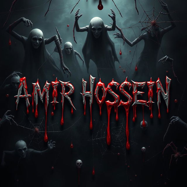 The name 'AMIR HOSSEIN' boldly displayed in a frightening horror design, encompassed by dark, dripping blood that creates a sense of terror