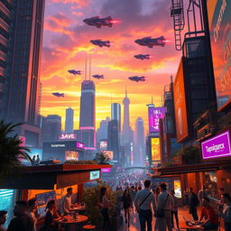 A futuristic cityscape at sunset, with towering skyscrapers lit by vibrant neon lights, flying cars zooming above, and a bustling street filled with diverse people in stylish futuristic clothing
