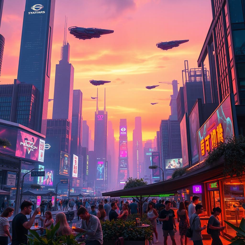 A futuristic cityscape at sunset, with towering skyscrapers lit by vibrant neon lights, flying cars zooming above, and a bustling street filled with diverse people in stylish futuristic clothing