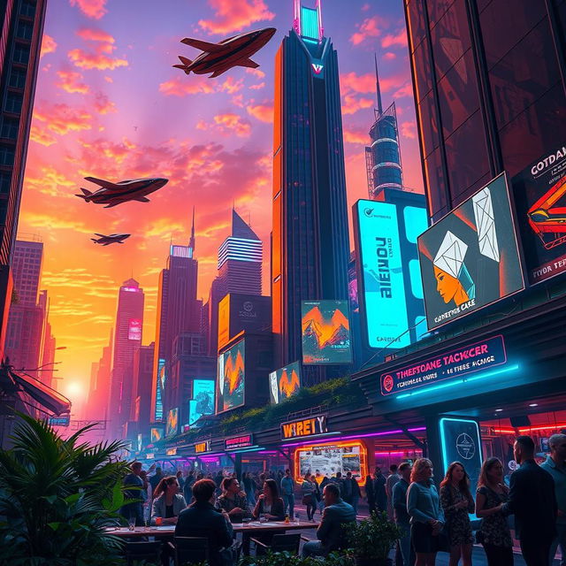A futuristic cityscape at sunset, with towering skyscrapers lit by vibrant neon lights, flying cars zooming above, and a bustling street filled with diverse people in stylish futuristic clothing