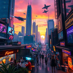 A futuristic cityscape at sunset, with towering skyscrapers lit by vibrant neon lights, flying cars zooming above, and a bustling street filled with diverse people in stylish futuristic clothing