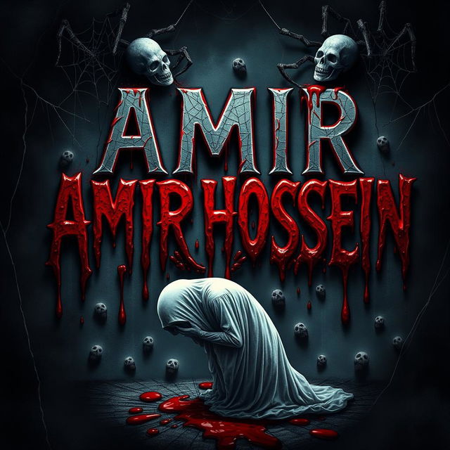 The name 'AMIR HOSSEIN' presented in a horrifying and chilling style, surrounded by dark, dripping blood that emphasizes fear and horror