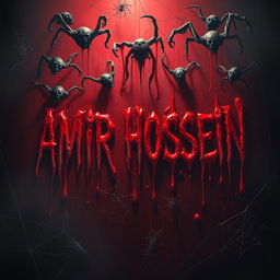 A horrific and terrifying scene featuring the name 'AMIR HOSSEIN' written in dripping blood
