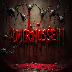 A horrific and terrifying scene featuring the name 'AMIR HOSSEIN' written in dripping blood