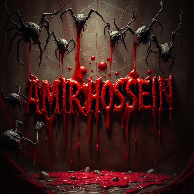 A horrific and terrifying scene featuring the name 'AMIR HOSSEIN' written in dripping blood