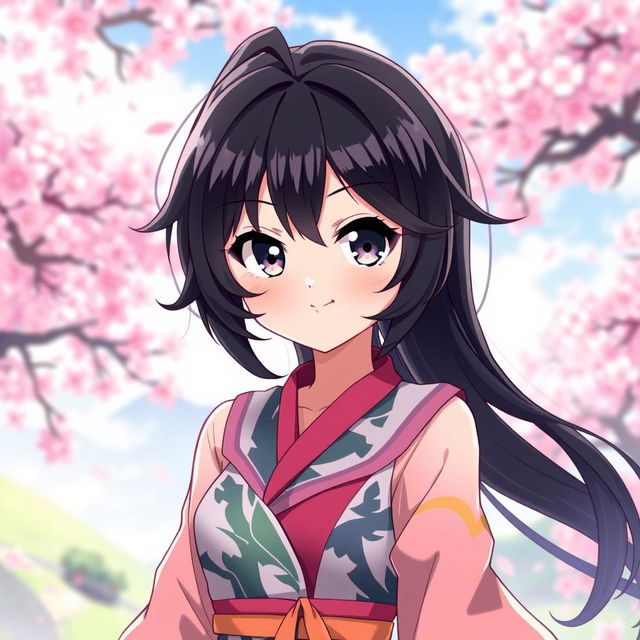 An anime girl with striking black hair, styled in long, flowing waves that frame her face beautifully