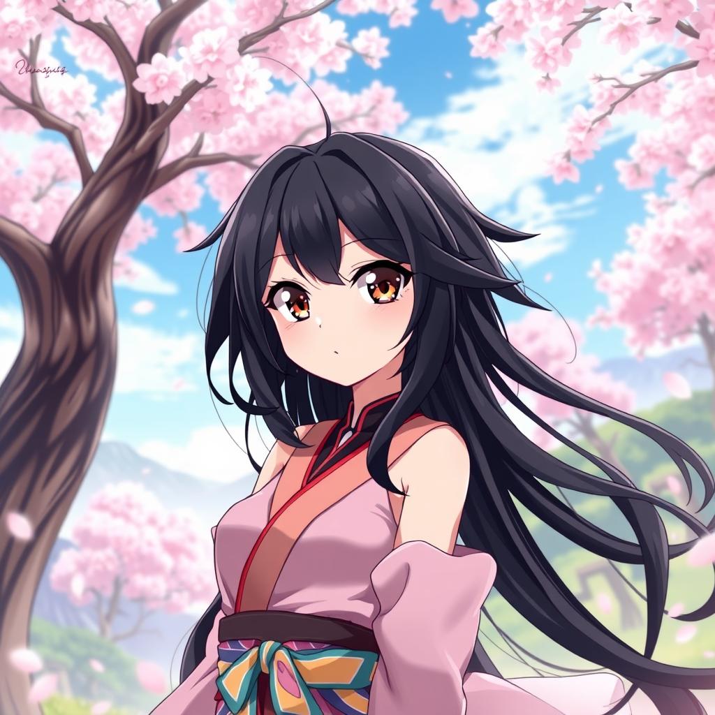 An anime girl with striking black hair, styled in long, flowing waves that frame her face beautifully