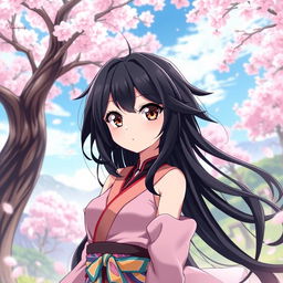 An anime girl with striking black hair, styled in long, flowing waves that frame her face beautifully