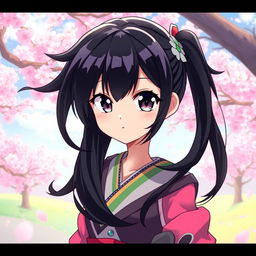 An anime girl with striking black hair, styled in long, flowing waves that frame her face beautifully