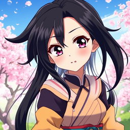 An anime girl with striking black hair, styled in long, flowing waves that frame her face beautifully