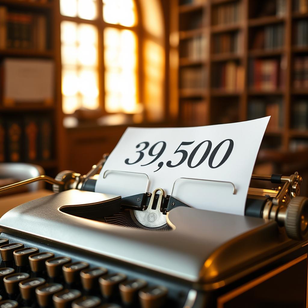 A close-up shot of a vintage typewriter with the number '39,500' elegantly displayed on a sheet of paper inserted into it