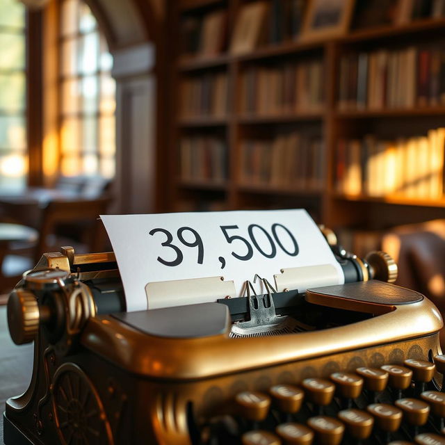 A close-up shot of a vintage typewriter with the number '39,500' elegantly displayed on a sheet of paper inserted into it
