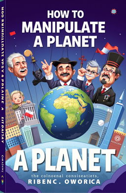 A book cover design titled 'How to Manipulate a Planet', featuring an artistic depiction of planet Earth being controlled by giant, whimsical puppets