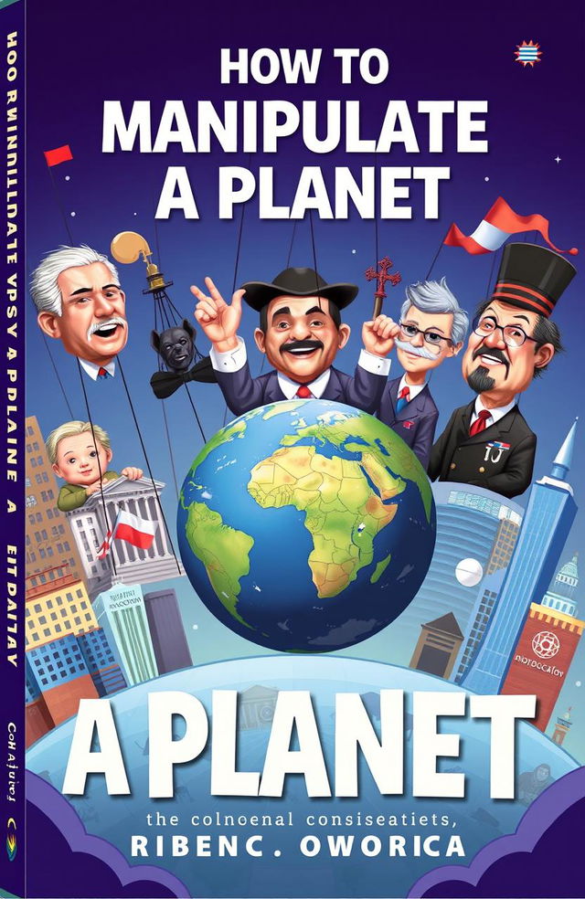 A book cover design titled 'How to Manipulate a Planet', featuring an artistic depiction of planet Earth being controlled by giant, whimsical puppets