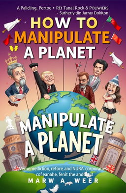 A book cover design titled 'How to Manipulate a Planet', featuring an artistic depiction of planet Earth being controlled by giant, whimsical puppets