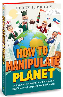A book cover design titled 'How to Manipulate a Planet', featuring an artistic depiction of planet Earth being controlled by giant, whimsical puppets