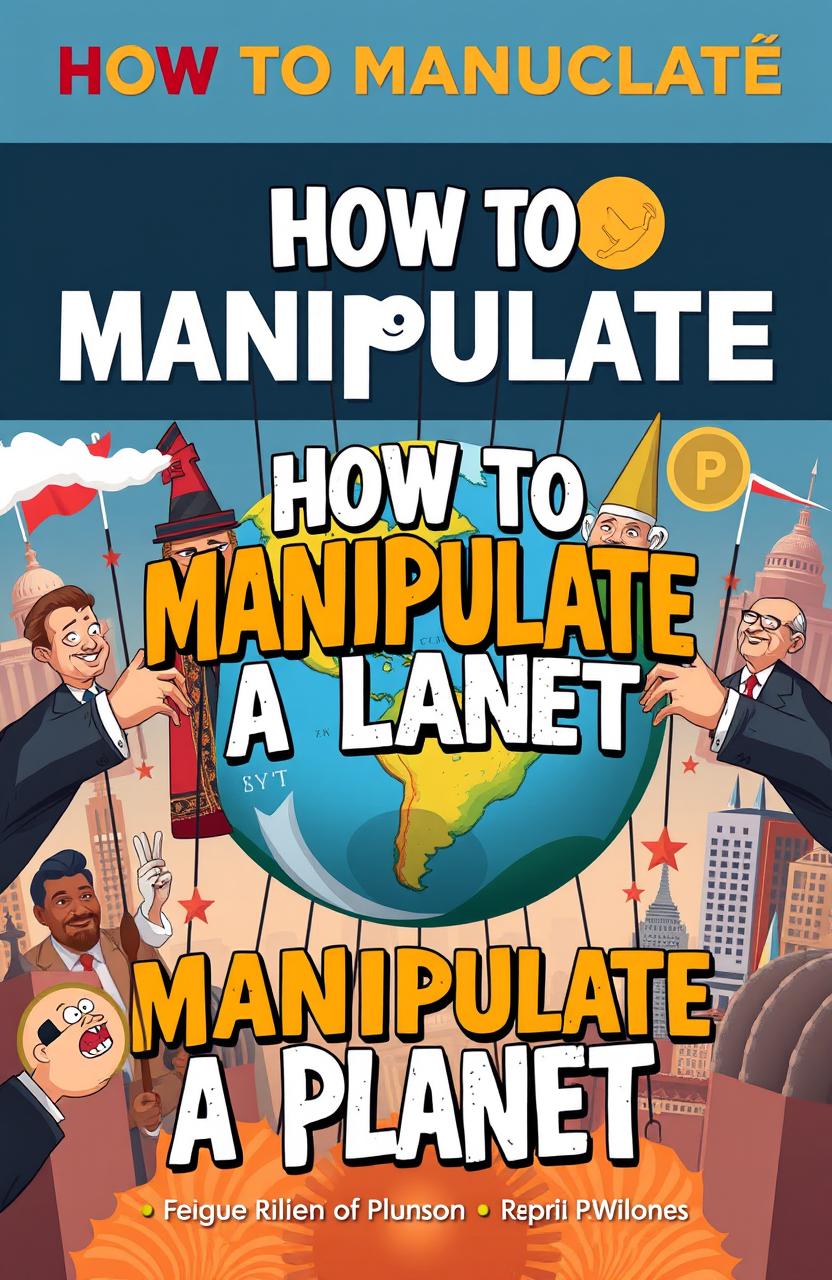 A book cover design titled 'How to Manipulate a Planet', featuring an artistic depiction of planet Earth being controlled by giant, whimsical puppets