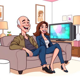 A cartoon illustration of a humorous scene with Jeff Bezos, casually dressed, sitting on a comfortable sofa and watching TV