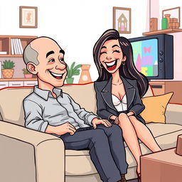 A cartoon illustration of a humorous scene with Jeff Bezos, casually dressed, sitting on a comfortable sofa and watching TV