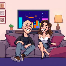 A cartoon illustration of a humorous scene with Jeff Bezos, casually dressed, sitting on a comfortable sofa and watching TV