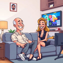 A cartoon illustration of a humorous scene with Jeff Bezos, casually dressed, sitting on a comfortable sofa and watching TV