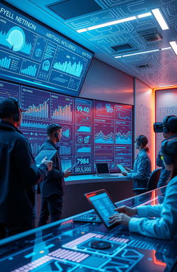 A futuristic telecommunications control center featuring advanced artificial intelligence technology