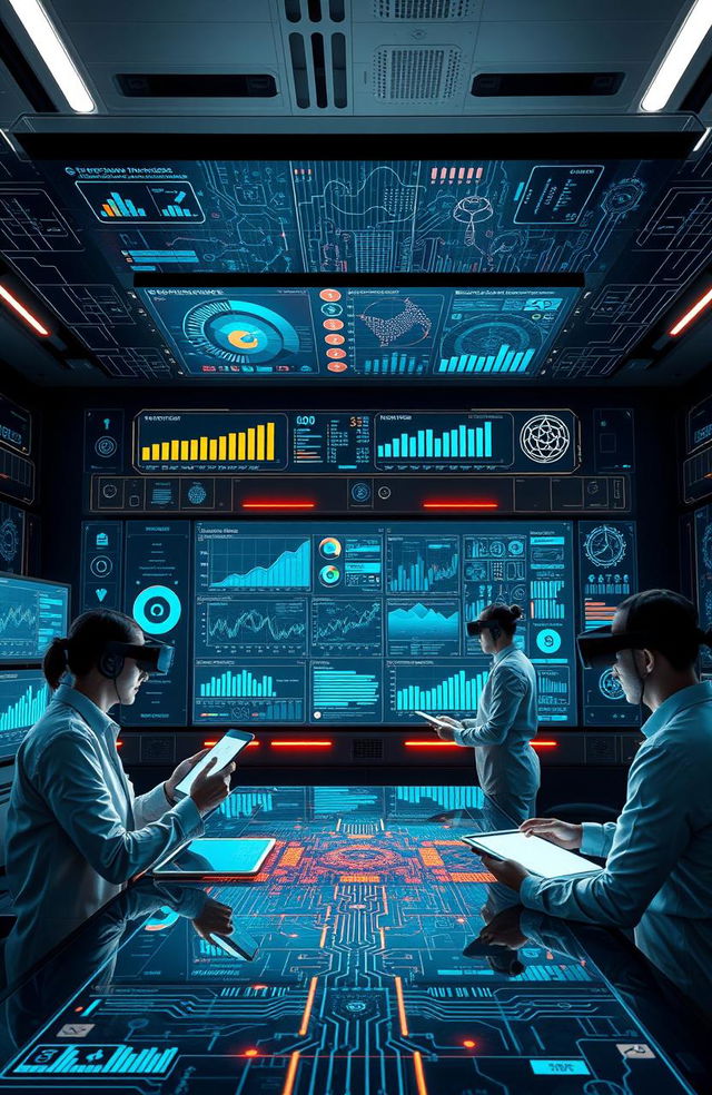 A futuristic telecommunications control center featuring advanced artificial intelligence technology