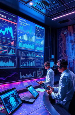 A futuristic telecommunications control center featuring advanced artificial intelligence technology