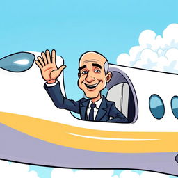 A cartoon illustration of Jeff Bezos waving goodbye from the window of a luxurious private jet