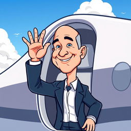 A cartoon illustration of Jeff Bezos waving goodbye from the window of a luxurious private jet