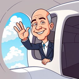 A cartoon illustration of Jeff Bezos waving goodbye from the window of a luxurious private jet