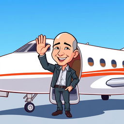 A cartoon-style illustration of Jeff Bezos preparing to fly in a luxurious private jet