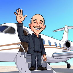 A cartoon-style illustration of Jeff Bezos preparing to fly in a luxurious private jet