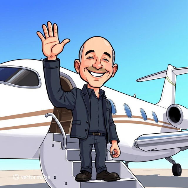 A cartoon-style illustration of Jeff Bezos preparing to fly in a luxurious private jet