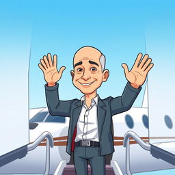 A cartoon-style illustration of Jeff Bezos preparing to fly in a luxurious private jet