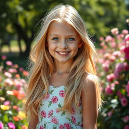A portrait of a beautiful blonde girl with long, flowing hair, bright blue eyes and a warm smile