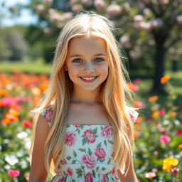 A portrait of a beautiful blonde girl with long, flowing hair, bright blue eyes and a warm smile