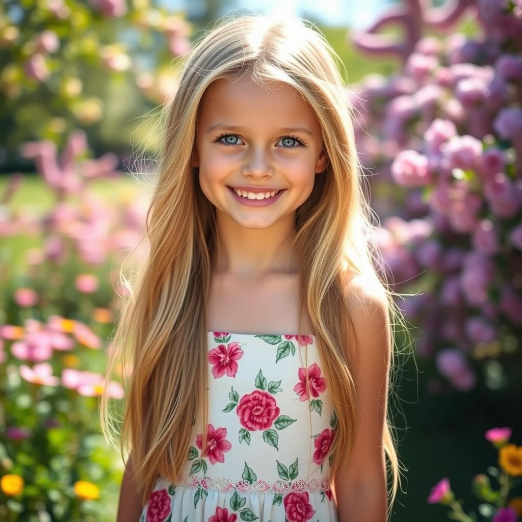 A portrait of a beautiful blonde girl with long, flowing hair, bright blue eyes and a warm smile