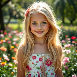 A portrait of a beautiful blonde girl with long, flowing hair, bright blue eyes and a warm smile