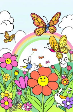 A whimsical, enchanting children's coloring book page featuring a vibrant garden scene filled with oversized flowers, playful butterflies, and adorable animals like bunnies and birds