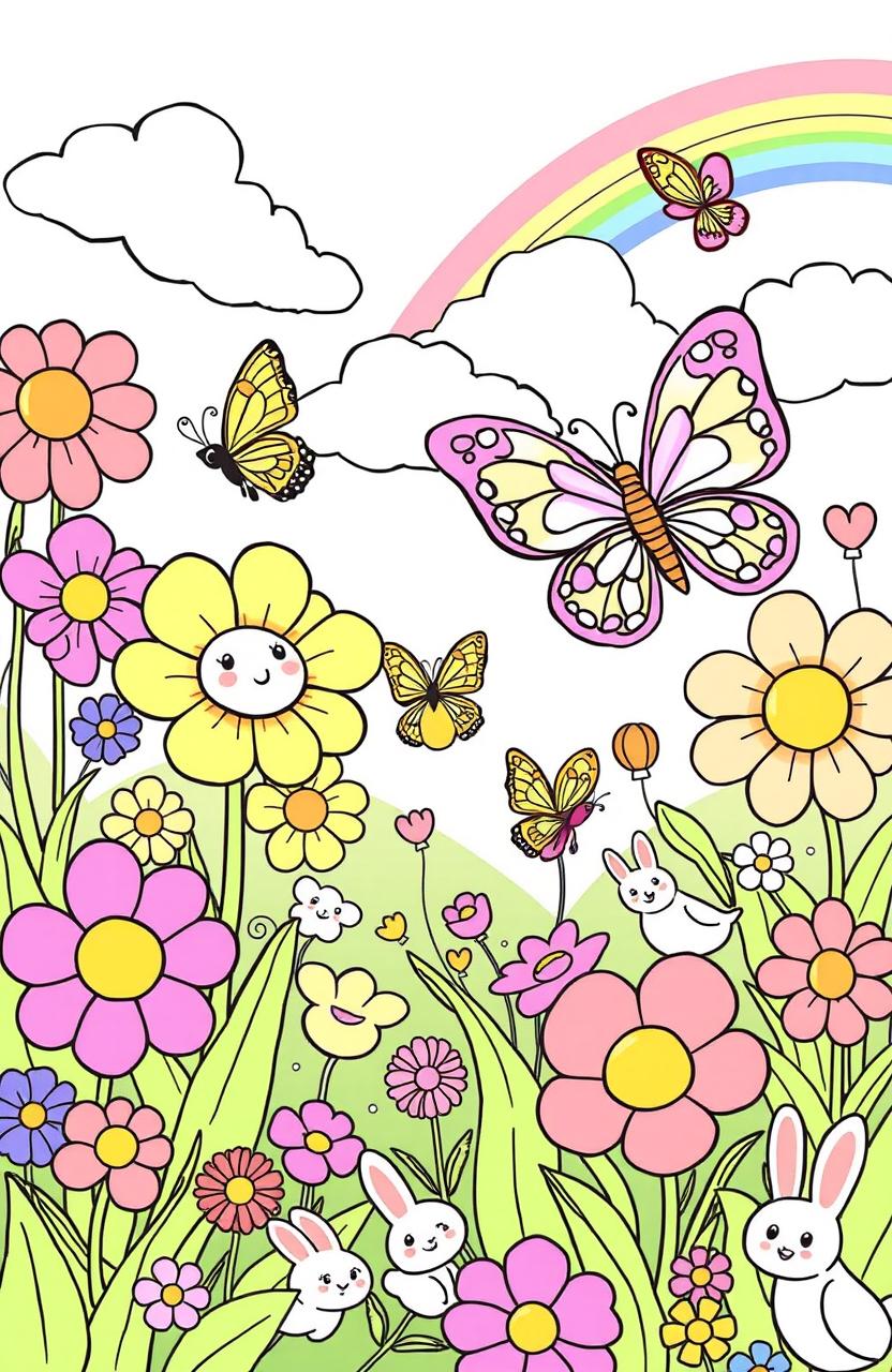 A whimsical, enchanting children's coloring book page featuring a vibrant garden scene filled with oversized flowers, playful butterflies, and adorable animals like bunnies and birds