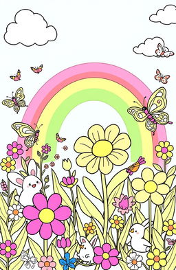 A whimsical, enchanting children's coloring book page featuring a vibrant garden scene filled with oversized flowers, playful butterflies, and adorable animals like bunnies and birds