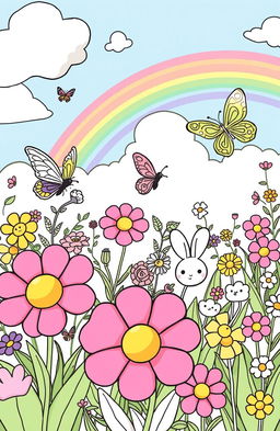 A whimsical, enchanting children's coloring book page featuring a vibrant garden scene filled with oversized flowers, playful butterflies, and adorable animals like bunnies and birds