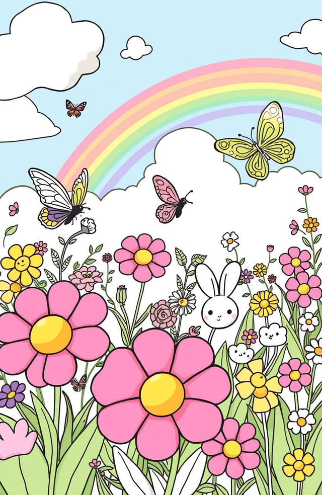 A whimsical, enchanting children's coloring book page featuring a vibrant garden scene filled with oversized flowers, playful butterflies, and adorable animals like bunnies and birds
