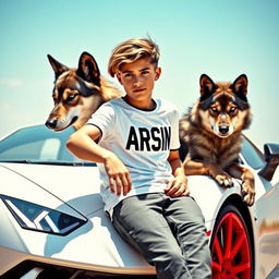 A beautiful, stylish teenage boy with striking features sitting casually on a sleek white Lamborghini