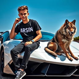 A beautiful, stylish teenage boy with striking features sitting casually on a sleek white Lamborghini