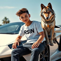 A beautiful, stylish teenage boy with striking features sitting casually on a sleek white Lamborghini