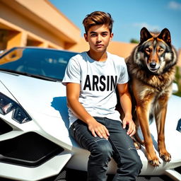 A beautiful, stylish teenage boy with striking features sitting casually on a sleek white Lamborghini